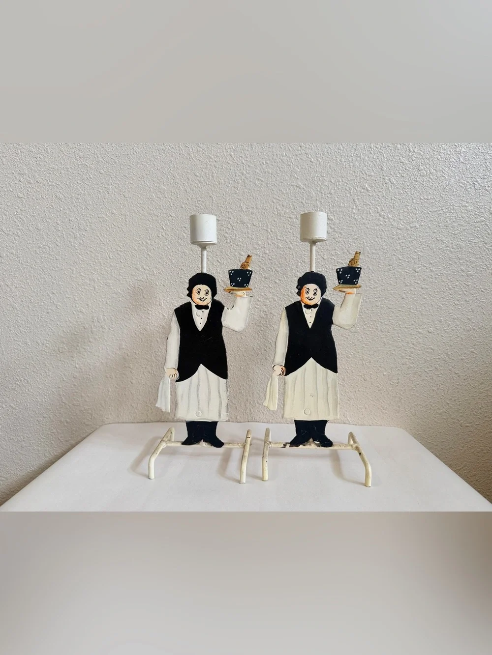 Vintage Pair Hand Painted Metal Waiter Figural Candle Holders French Butler MCM